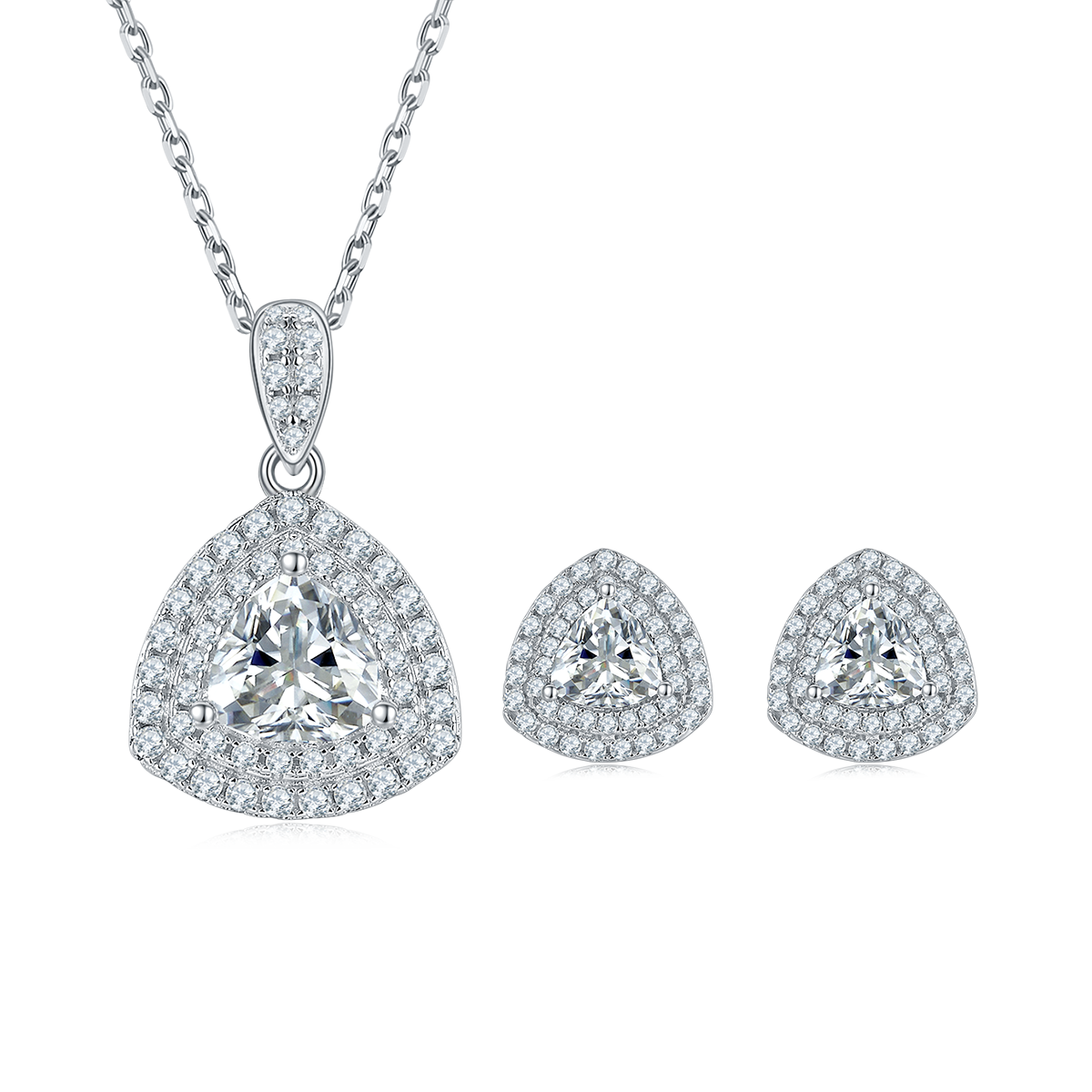 Deluxe triangle S925 silver plated platinum Moissanite diamond pendant earring set